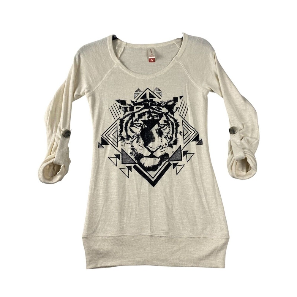 No Boundaries‎ Tunic Shirt Kids M 7/9 Cream Excellent Graphic Tiger Long Sleeve